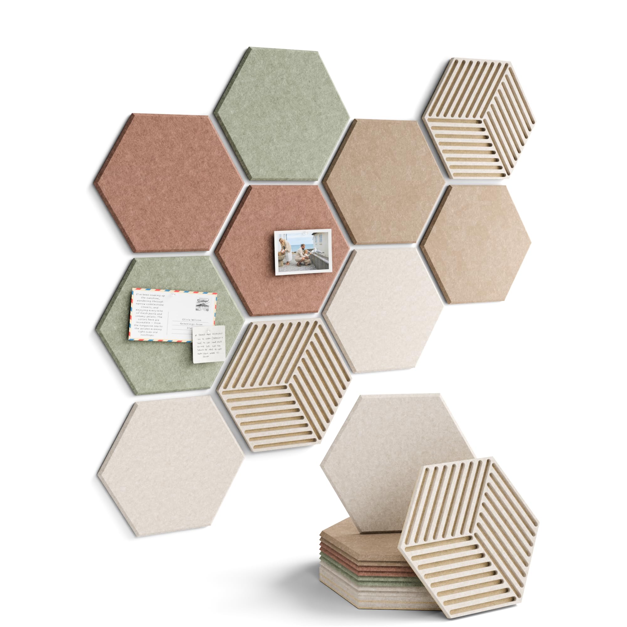 Fluxynara 10-Pack Hexagon Cork Board Alternative, Boho | Felt Bulletin Board with 50 Adhesive Tabs, Ideal for Vision Boards a
