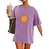 Wrenpies Vintage Oversized Sun Aesthetic Graphic Tees Distressed Band T Shirts for Women Boyfriend Baggy Casual Shirt Tops