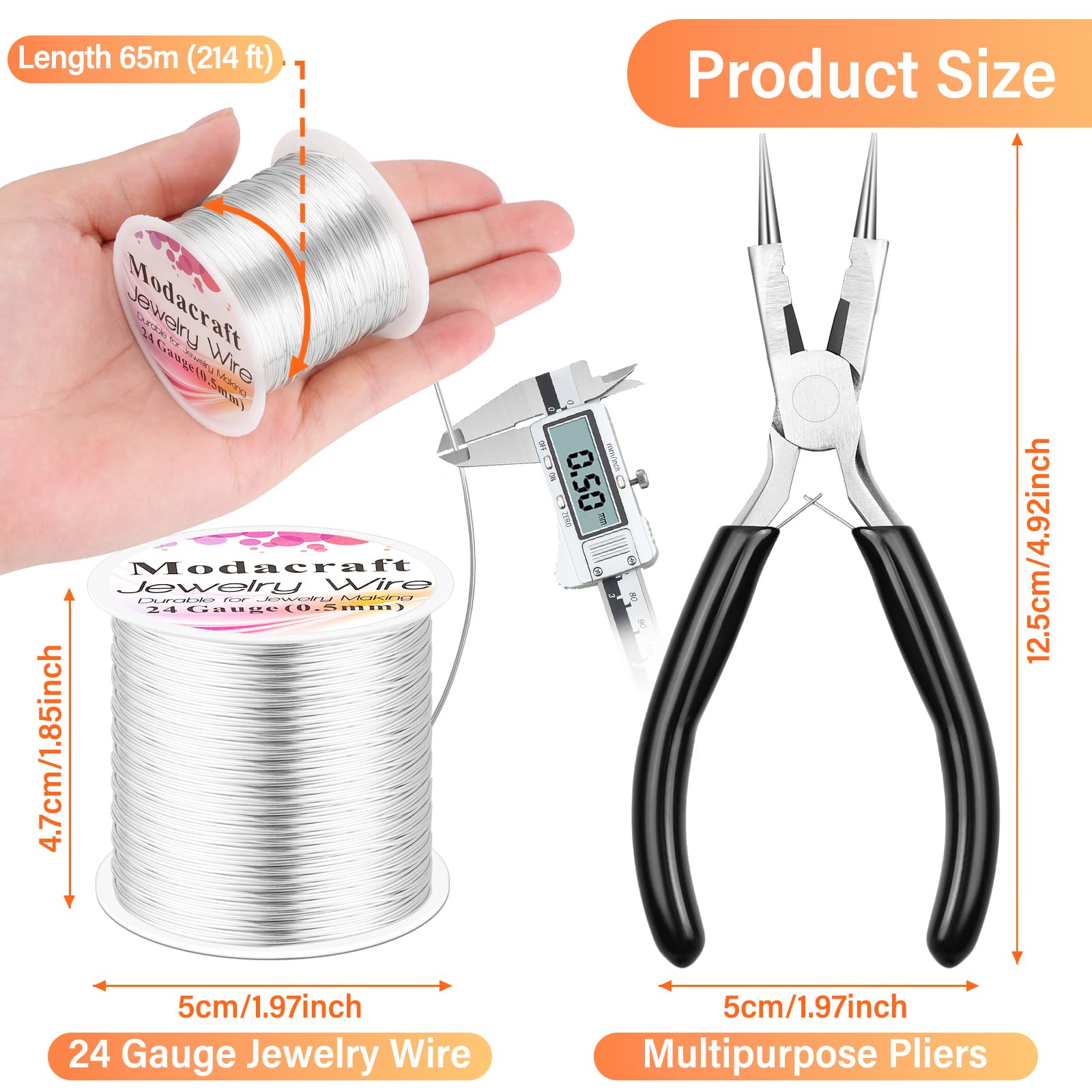 Modacraft 24 Gauge Wire for Jewelry Making with 4-in-1 Pilers, 213.3 FT/0.5 mm Craft Wire Tarnish Resistant Copper Beading Wire for Jewelry Making Supplies and Crafting (Silver)