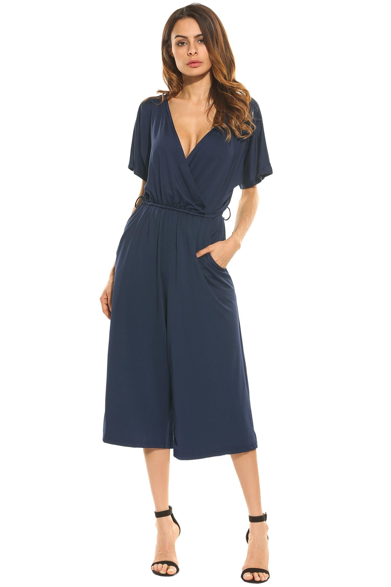 ELESOL Women\'s Cotton Sexy Wrap Deep V-Neck Loose Jumpsuit Romper With Pockets Navy Blue M