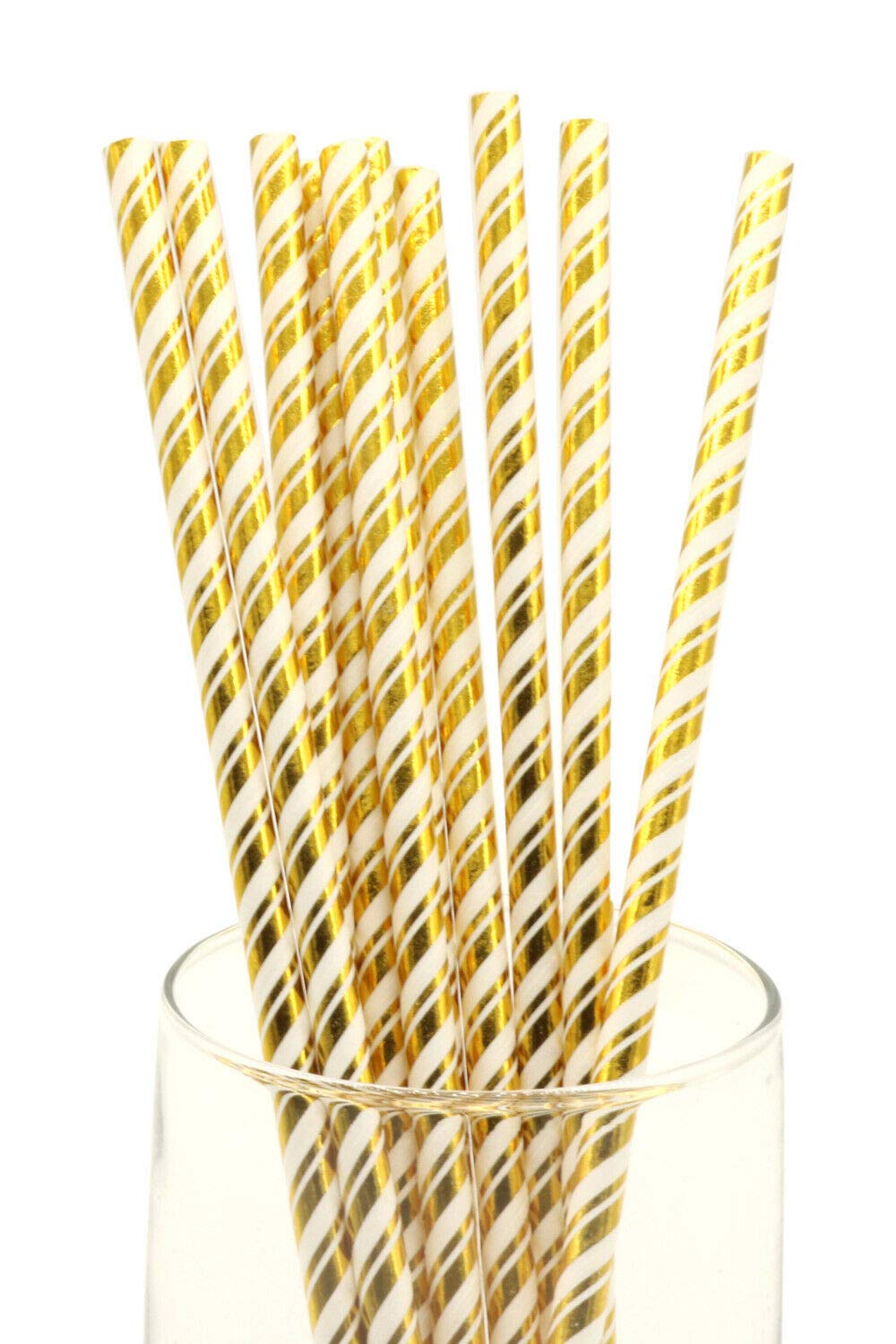 Fancy Paper Drinking Straws 100 Pcs Bulk Biodegradable Plastic Free Straws for Parties, Baby Birthdays, Weddings Party, DIY Decorations, Valentines, in Bright Color Striped (Gold with Dual Strips)