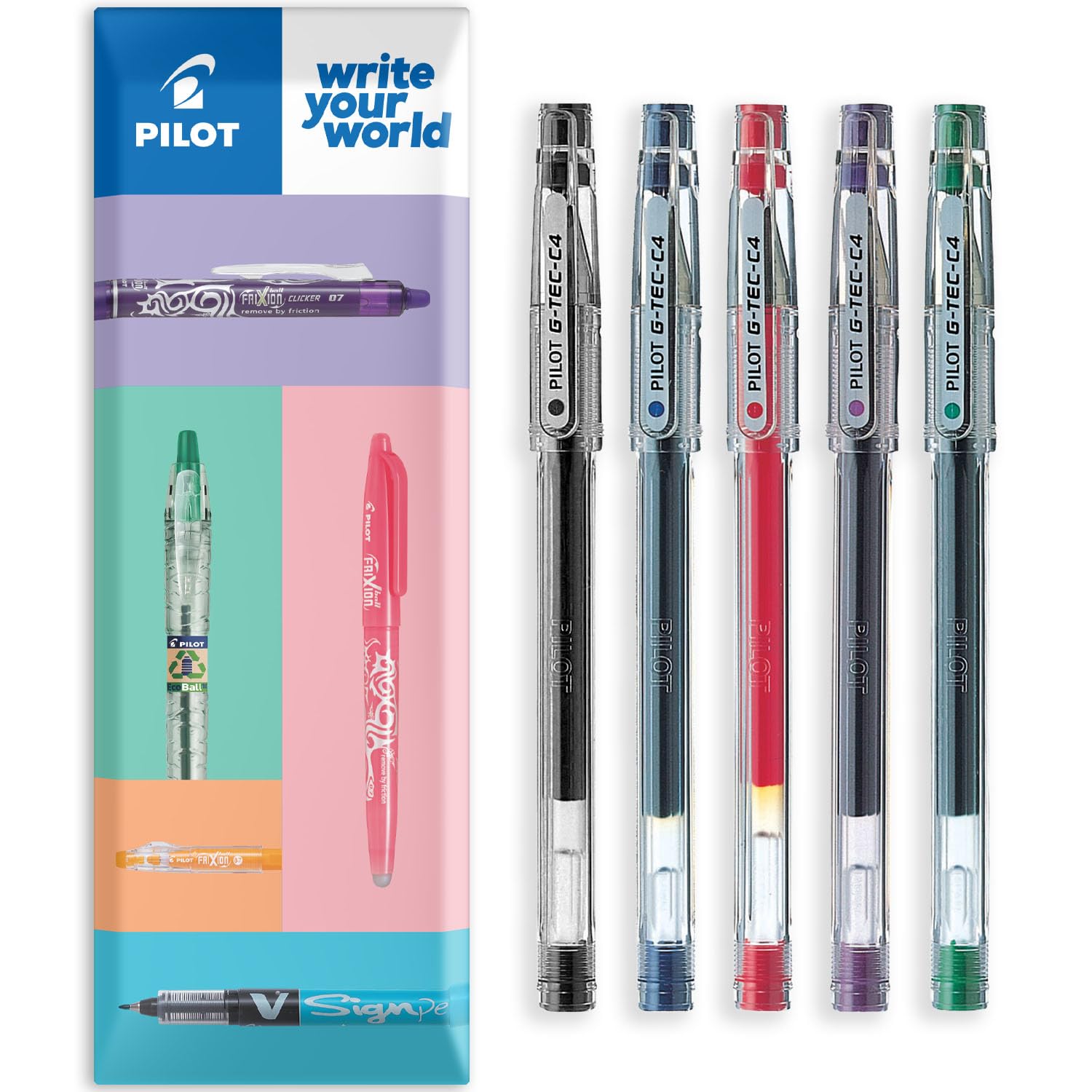 PILOT G-Tec C4 Gel Ink Rollerball Pen - 0.4mm Nib - 0.2mm Line - Black, Blue, Red, Green, and Violet - In Envelope Gift Packaging - Pack of 5