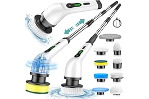 LXLU Electric Spin Scrubber, Cordless Cleaning Brush, Shower Scrubber with 9 Brush Heads 2H Power Dual Speed, Adjustable Extension Handle, IPX7 Waterproof for Tub Tile Floor Car, White-BF86