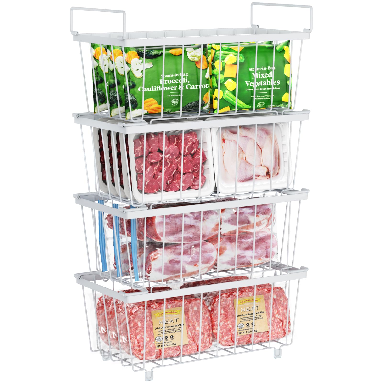 Photo 1 of iSPECLE Deep Freezer Organizer Bins - 4 Pack Stackable Small Freezer Organizer Bins for 5 to 9 Cu.FT Small Chest Freezer Sort Frozen Food Easy to Get Food from Bottom without Digging in Freezer, White