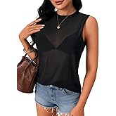 Rooscier Women's Mesh See Through Sheer Crew Neck Sleeveless Tank Top Cami Shirt Without Bra