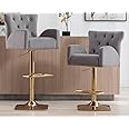 Kmax Velvet Bar Stools Tufted Modern Counter Height Stools 360癝wivel Adjustable with Golden Square Base Footrest Arms for Kitchen Island&Bar, Set of 2- Grey
