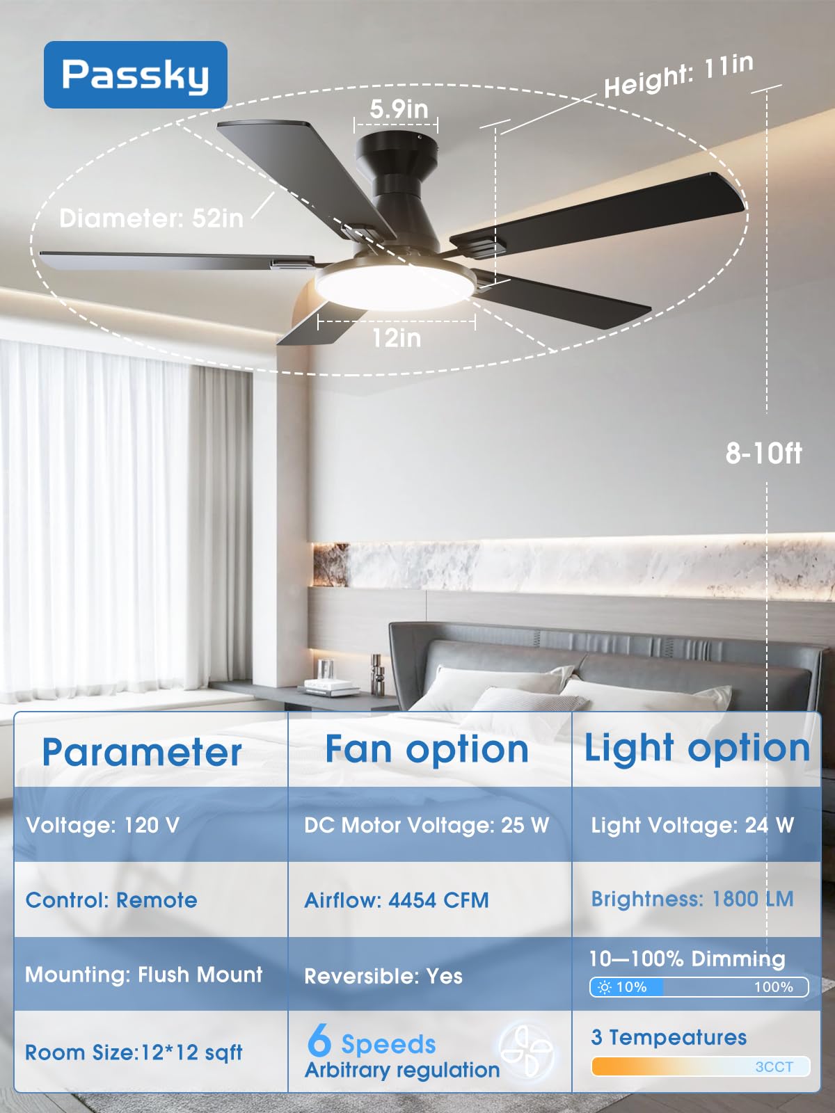 Passky Ceiling Fans with Lights, 52 inch Sleek Ceiling Fan with Light and Remote Control, 3CCT, Dimmable, Reversible, Noiseless, Black Ceiling Fan for Bedroom, Living Room