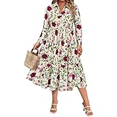 CARCOS Plus Size Dresses for Curvy Women Collared Vneck Long Sleeve Dresses Midi Fall Winter Dress with Pocket XL-5XL