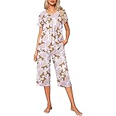 Ekouaer Pajama Set for Women 2 Piece Capri Pants Short Sleeve Top Sleepwear Soft Pjs Loungewear with Pockets S-3XL