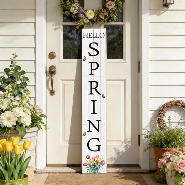 SPRING PORCH DECOR OUTDOOR DECORATIONS WOODEN DOOR DECORATIONS INDOOR OUTSIDE SPRING PORCH SIGN RUSTIC TULIPS WELCOME SIGN FOR FRONT DOOR 46.8 INCH