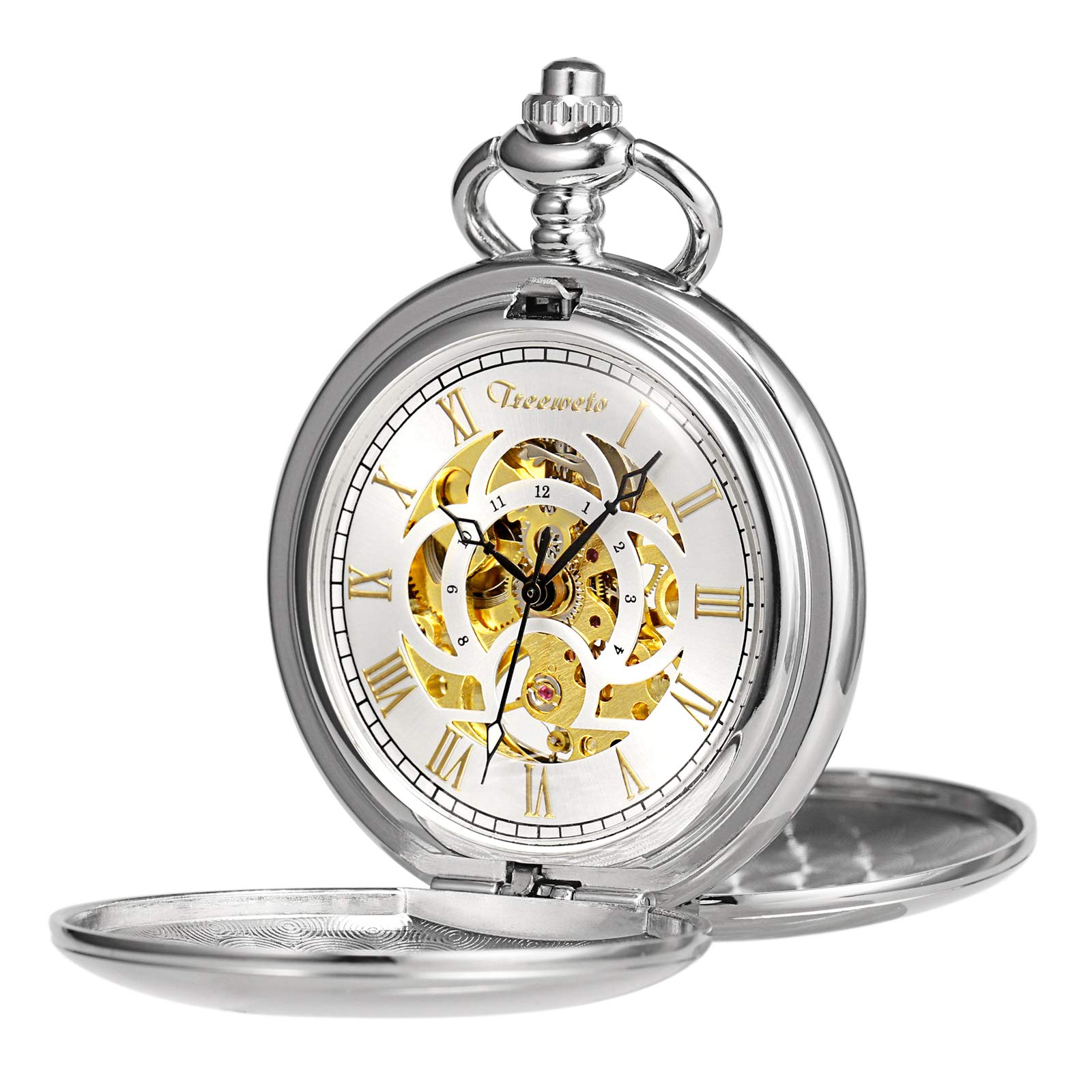TREEWETO Pocket Watch Classic Smooth Double Case Mechanical Pocket Watches Steampunk Roman Numerals Fob Watch for Men Women with Chain + Gift Box