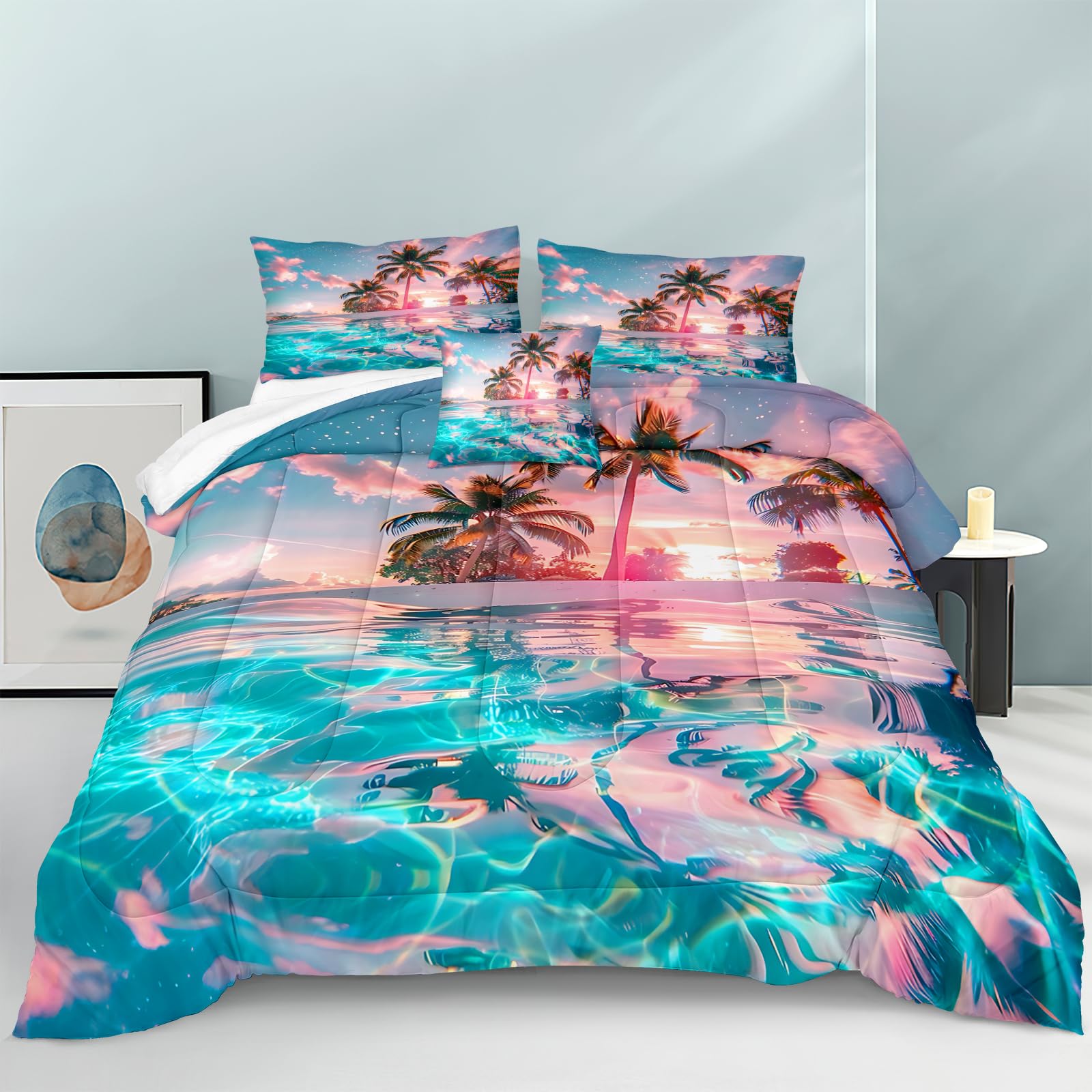 Photo 1 of Bedrom Ocean Beach Comforter Set Queen Palm Tree Tropical Bedding 4 Pcs Pink Sunset Blue Coastal Romantic Natural Comforter Hawaii Beach Bedroom Decor