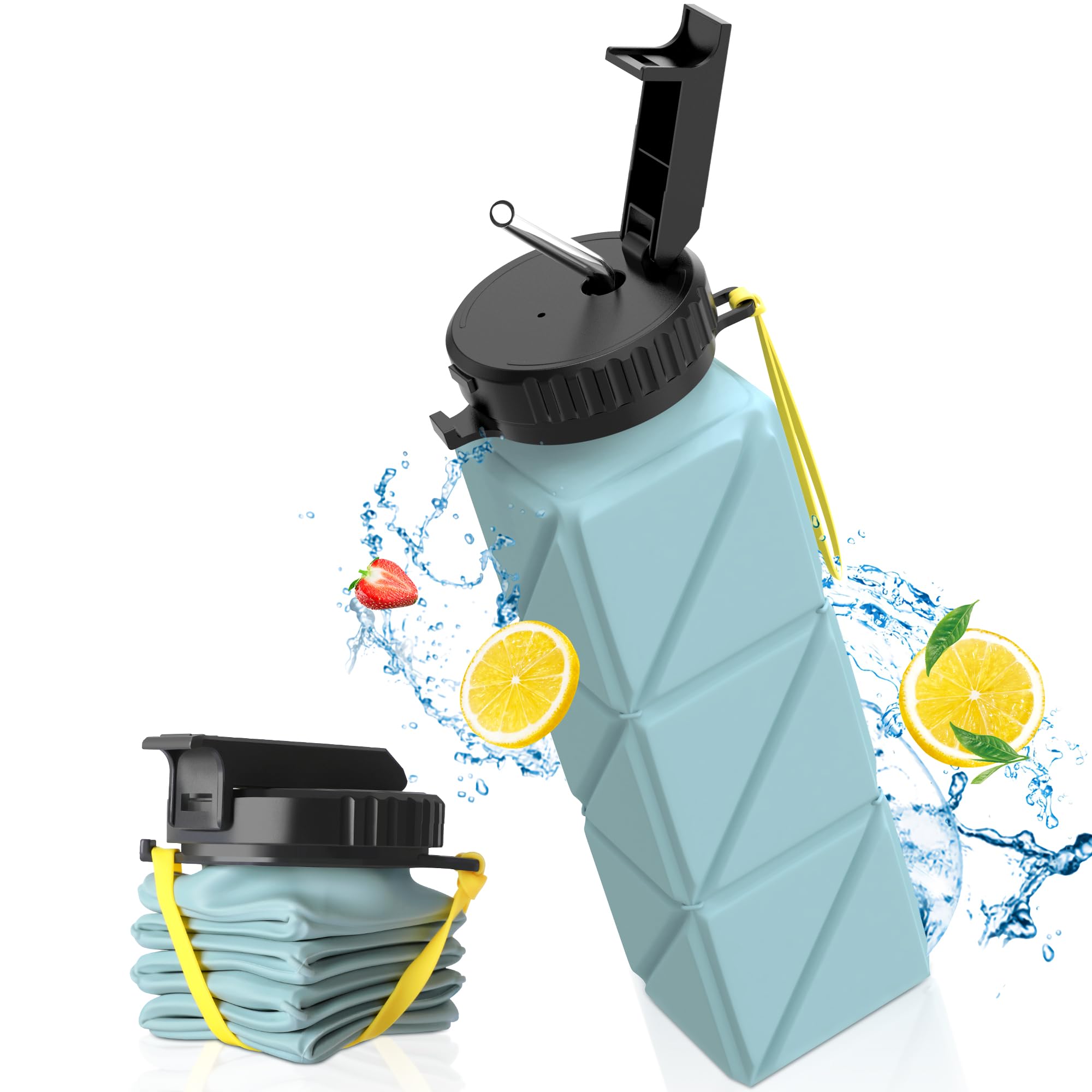 Yoassi Collapsible Water Bottle Blue, Silicone Water Bottle, Leak-Proof Travel Water Bottle for Travel, Hiking, Camping, Outdoor, 620 ml