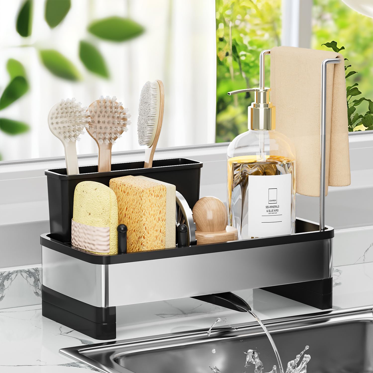 Photo 1 of VUSIGN Sponge Holder for Kitchen Sink, Sink Caddy Organizer with Brush Holder, Rustproof Stainless, Self-Draining Sink Organizer for Countertop, Sponges, Brushes, Kitchen Decor and Accessories, Black