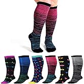 6 Pairs Plus Size Compression Socks for Women Wide Calf Knee High Compression Stockings for Circulation Travel Yoga Running, XX-Large