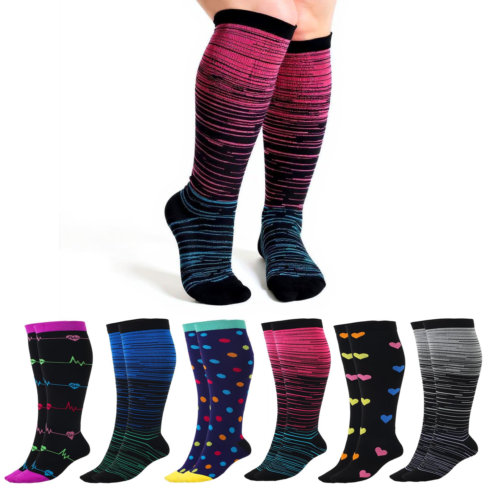Photo 1 of 6 Pairs Plus Size Compression Socks for Women Wide Calf Knee High Compression Stockings for Circulation Travel Yoga Running, XX-Large