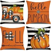 Fall Throw Pillow Covers for Home Strip Pumpkin Pillowcase 18x18 Set of 4 | Hello Pumpkin, Fall Harvest, Vintage Orange Truck, Sofa Covered Patio Farmhouse Thanksgiving Decor Cushion Case