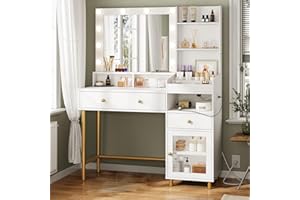 AOGLLATI Makeup Vanity with Lights in 3 Colors, Vanity Desk with Mirror and Lights, White Vanity Table Desk with Charging Station and Unique Separation Design