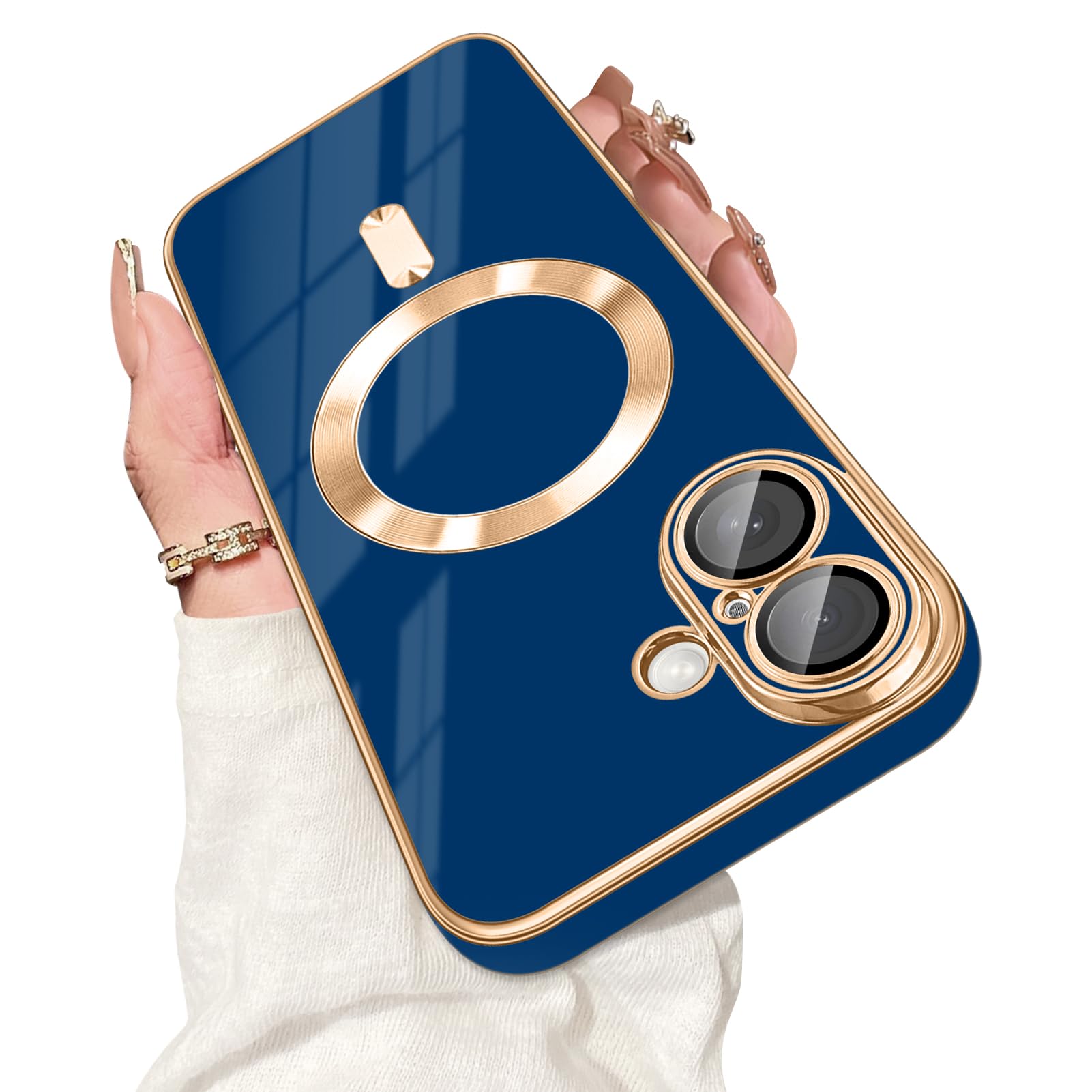 Dinick Designed for iPhone 17 Case with Magnetic [Built-in Camera Cover] Compatible with MagSafe Soft TPU Glitter Cover Anti-Scratch Protective Slim for iPhone 17 Case Blue and Gold