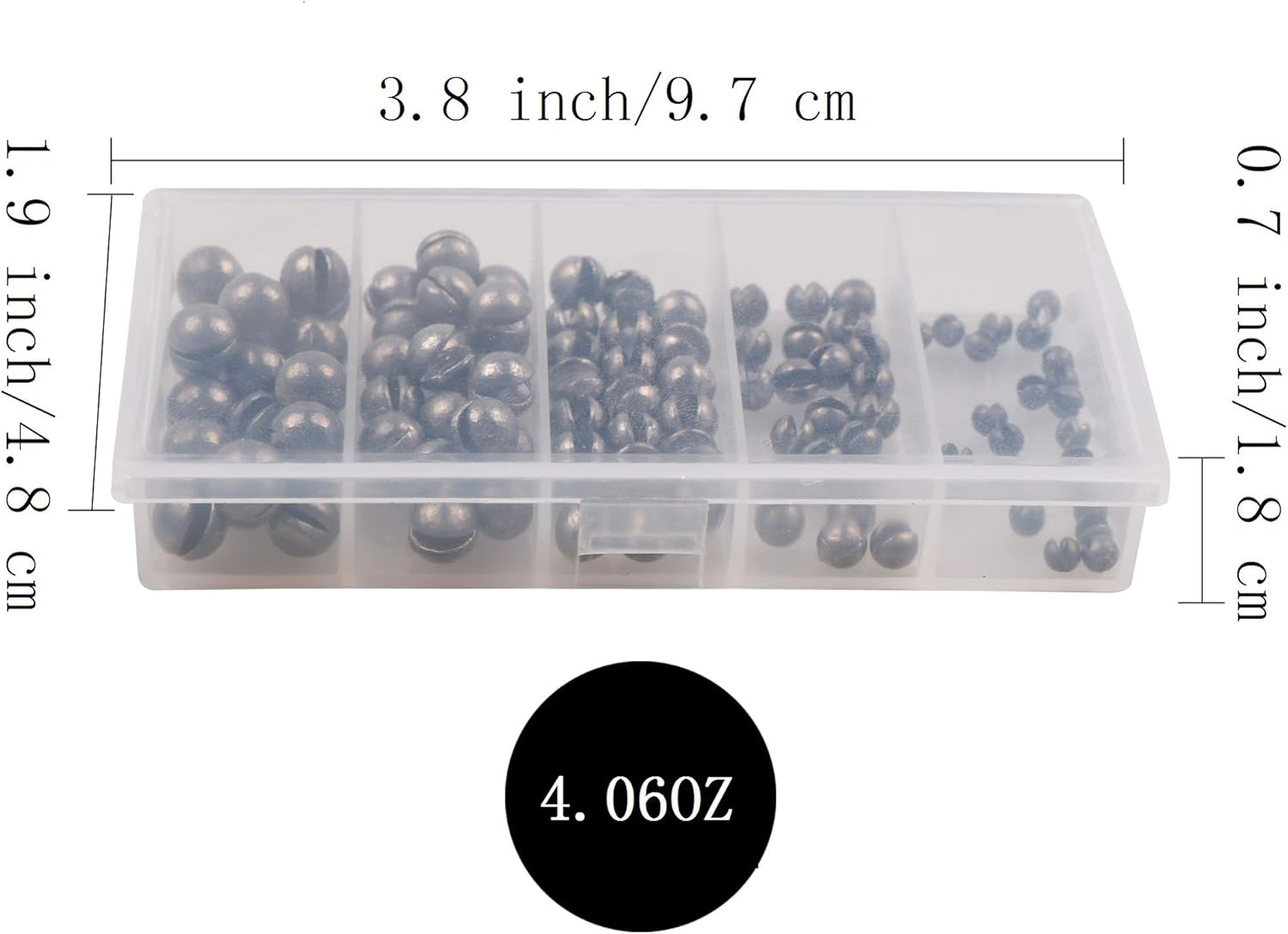 LUSHAZER Fishing Weights Sinkers Kit, 100pcs Round Split Shot Sinker, Fishing Weights Egg Sinkers 5 Sizes, 7/1000 oz, 17/1000 oz, 7/200 oz, 1/20 oz, 7/100 oz, Plastic Box Pack 3.8 x 1.9 x 0.7 inch : Sports & Outdoors