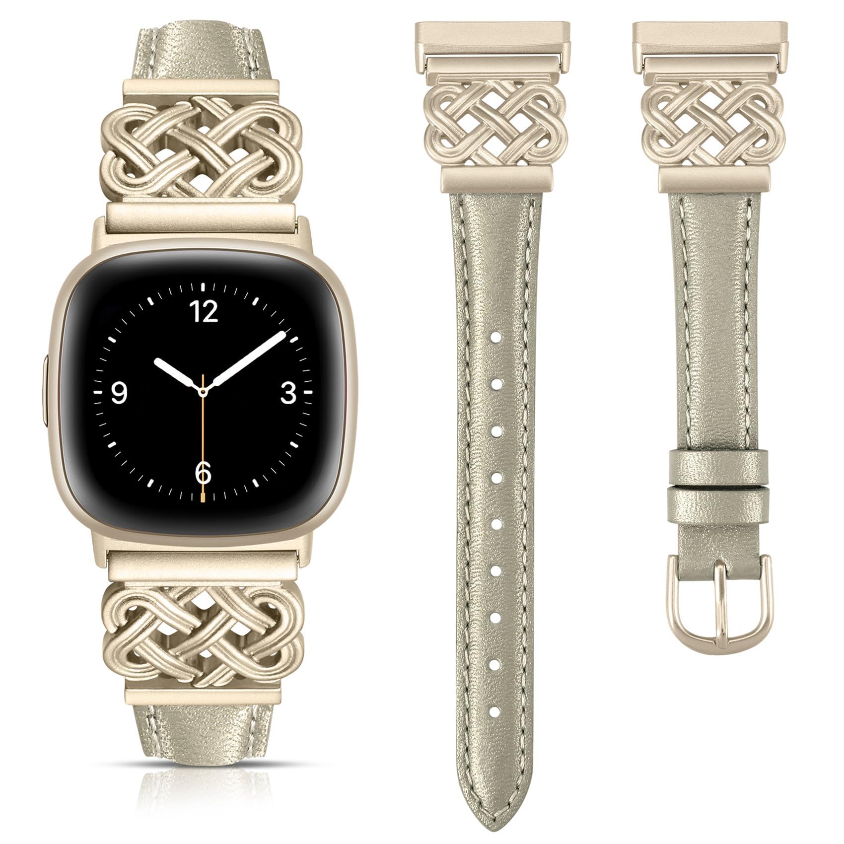 TOYOUTHS Leather Straps Compatible with Fitbit Versa 4/Versa 3/Sense 2/Sense Strap Women, Slim Thin Dressy Designer Premium Leather Strap with Interlock Buckle for Versa 4, Champagne/Champagne