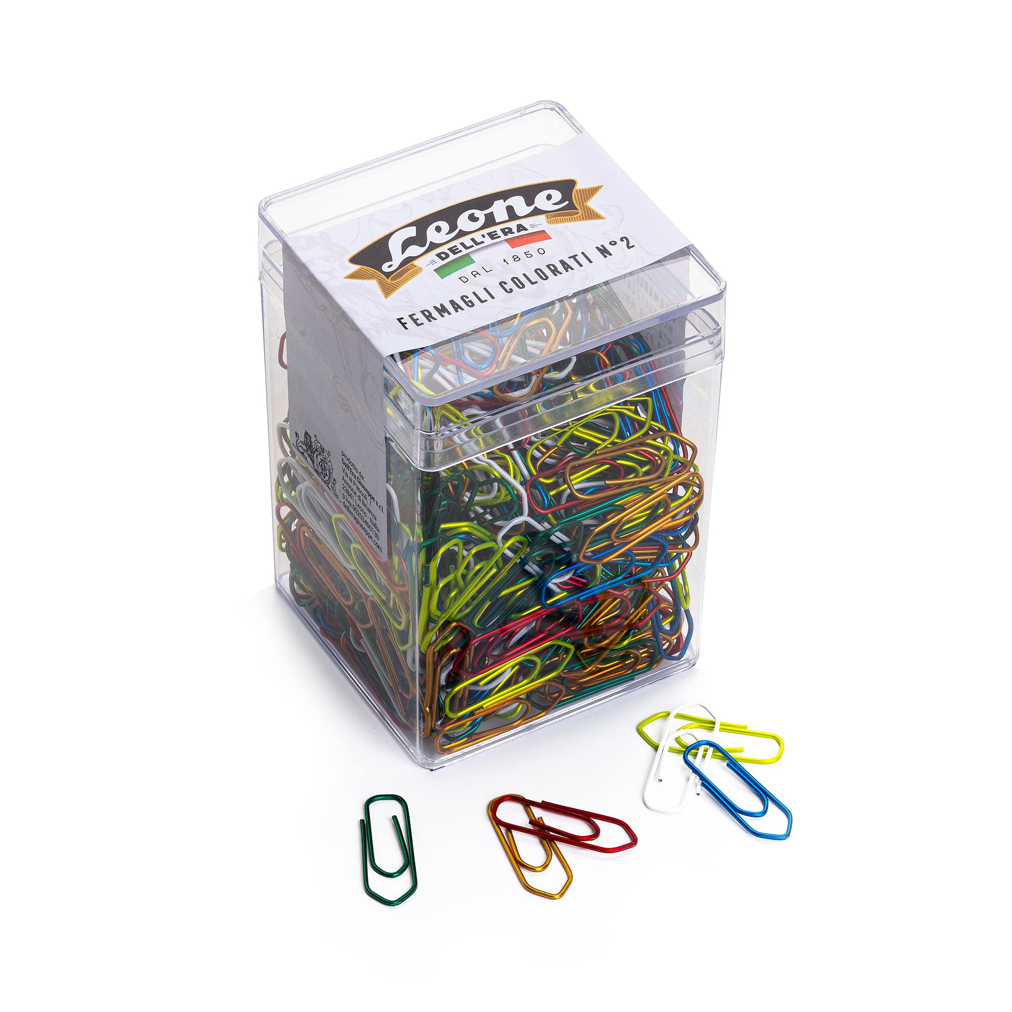 500 Coloured Metallic Clips Leone Dell'Era No. 2 – 26 mm – Transparent Jar – Made in Italy