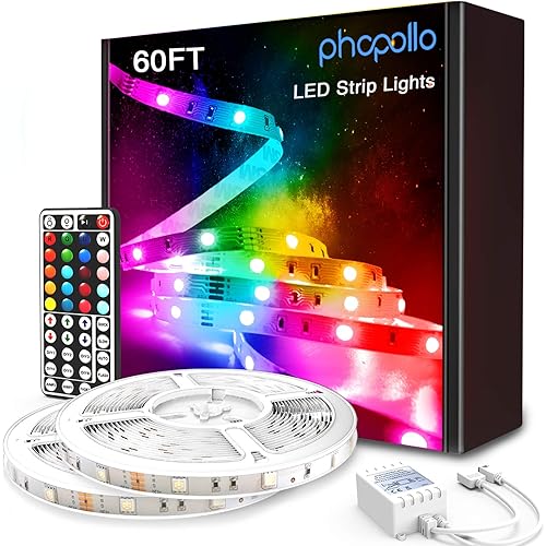 PHOPOLLO Led Strip Lights 60ft 5050 RGB Flexible Led Lights with 44 Keys Remote Controller and 12V Power Supply