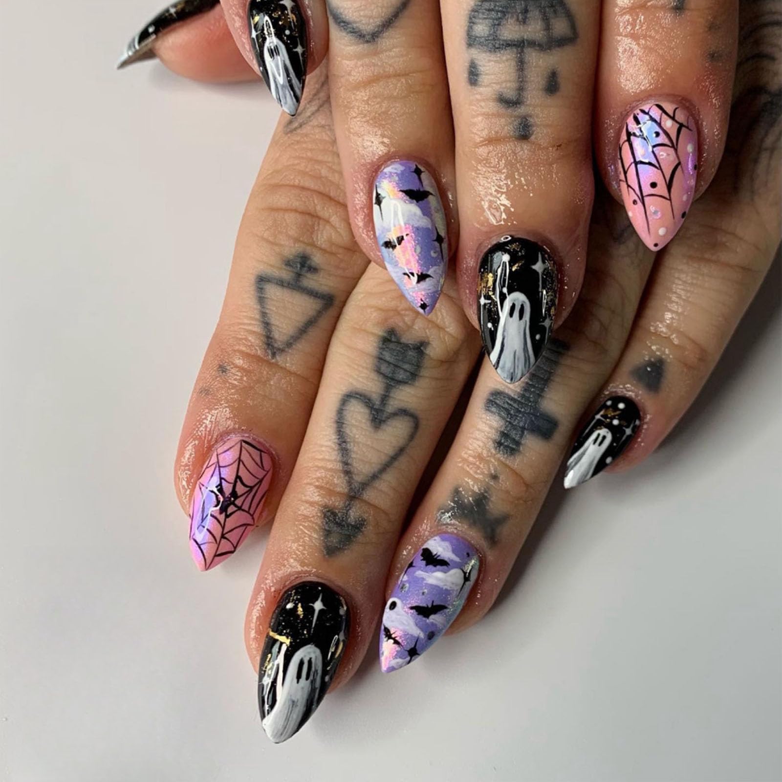 IMSOHOT Halloween Press on Nails Almond Medium Fake Nails Black Pink Purple Glue on Nails Full Cover Glossy Artificial False Nails with Ghost Designs Cute Stick on Acrylic Nail for Women Girls