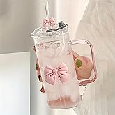 YINXIANJIN 13Oz Square Glass Cups with Lids and Straws，Heat Resistant Glass Tumbler with Handle Bow Knot Transparent Drinking