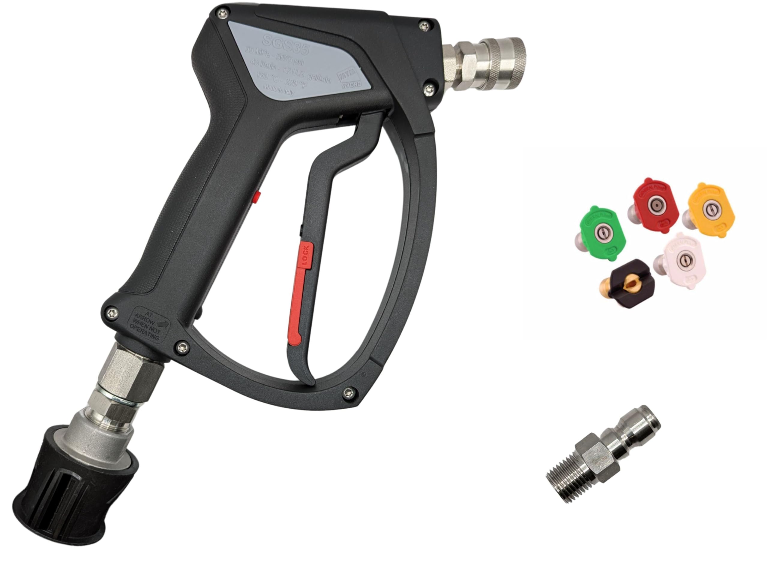 PressureWasherPartsUK Stainless Steel SGS35 Swivel Trigger Compatible to Fit Nilfisk 11.6mm Q/R Adapter & 5 Nozzles