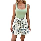 BEAUDRM Women's 2 Piece Solid Square Neck Pullover Tank Tops and Floral Print Belted Shorts Sets Burgundy Large Green Floral Medium