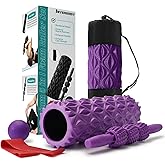 JOYENERGY 5 in 1 Foam Roller Set Trigger Point Foam Roller, Massage Roller Stick, Massage Ball, Stretching Strap for Deep Muscle Massage Pilates Yoga, Fitness Exercise for Whole Body (Purple Diamond)
