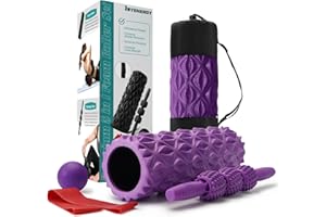 JOYENERGY 5 in 1 Foam Roller Set Trigger Point Foam Roller, Massage Roller Stick, Massage Ball, Stretching Strap for Deep Muscle Massage Pilates Yoga, Fitness Exercise for Whole Body (Purple Diamond)