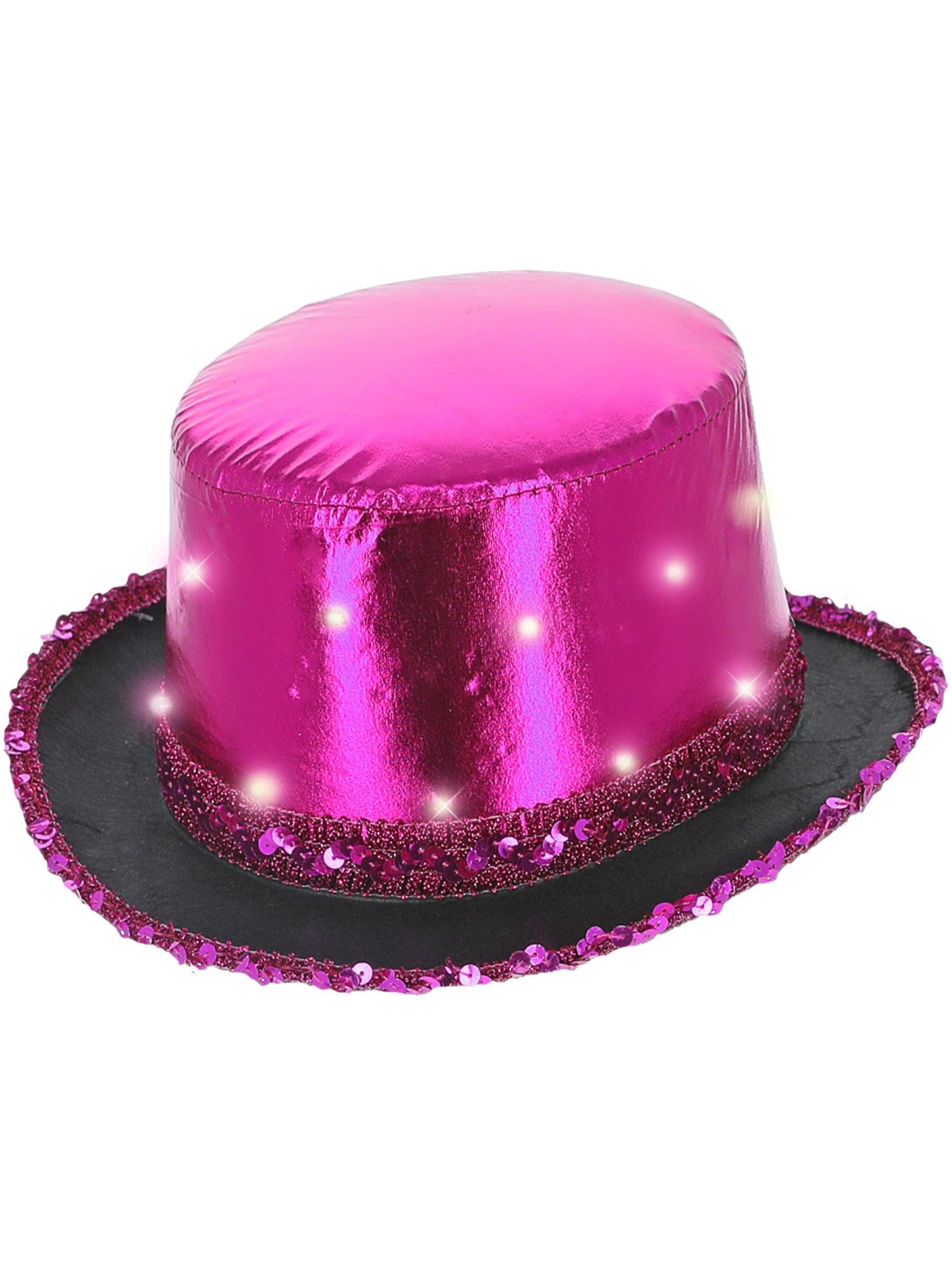 Smiffys LED Light Up Metallic Top Hat, Hot Pink with Elastic Inner Rim, Party & Carnival Fancy Dress, Adult Dress Up Hats