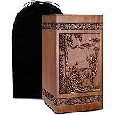 Wooden Cremation Urn for Human Wood Ashes Engraved Deer Decorative Box Funeral Urns for Adult Male Female with Velvet Bag Burial or Memorial Keepsake
