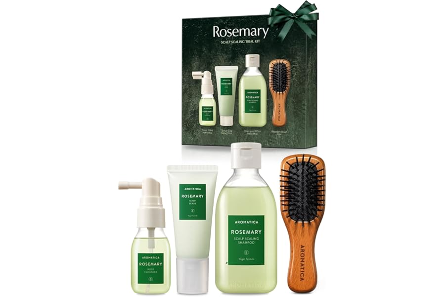 AROMATICA Rosemary Scalp Scaling Trial Kit – Travel Size Korean Hair Care Kit for Women with Mini Wooden Brush, Gentle Exfoliating Scalp Care for Hair Growth Product, with Rosemary Oil & Vegan Formula
