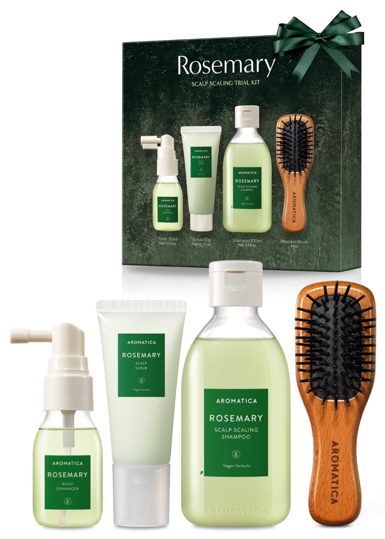 AROMATICA Rosemary Scalp Scaling Trial Kit - Hair Travel Kit | Travel Size Shampoo and Dry Scalp Treatment Set with Mini Wooden Brush