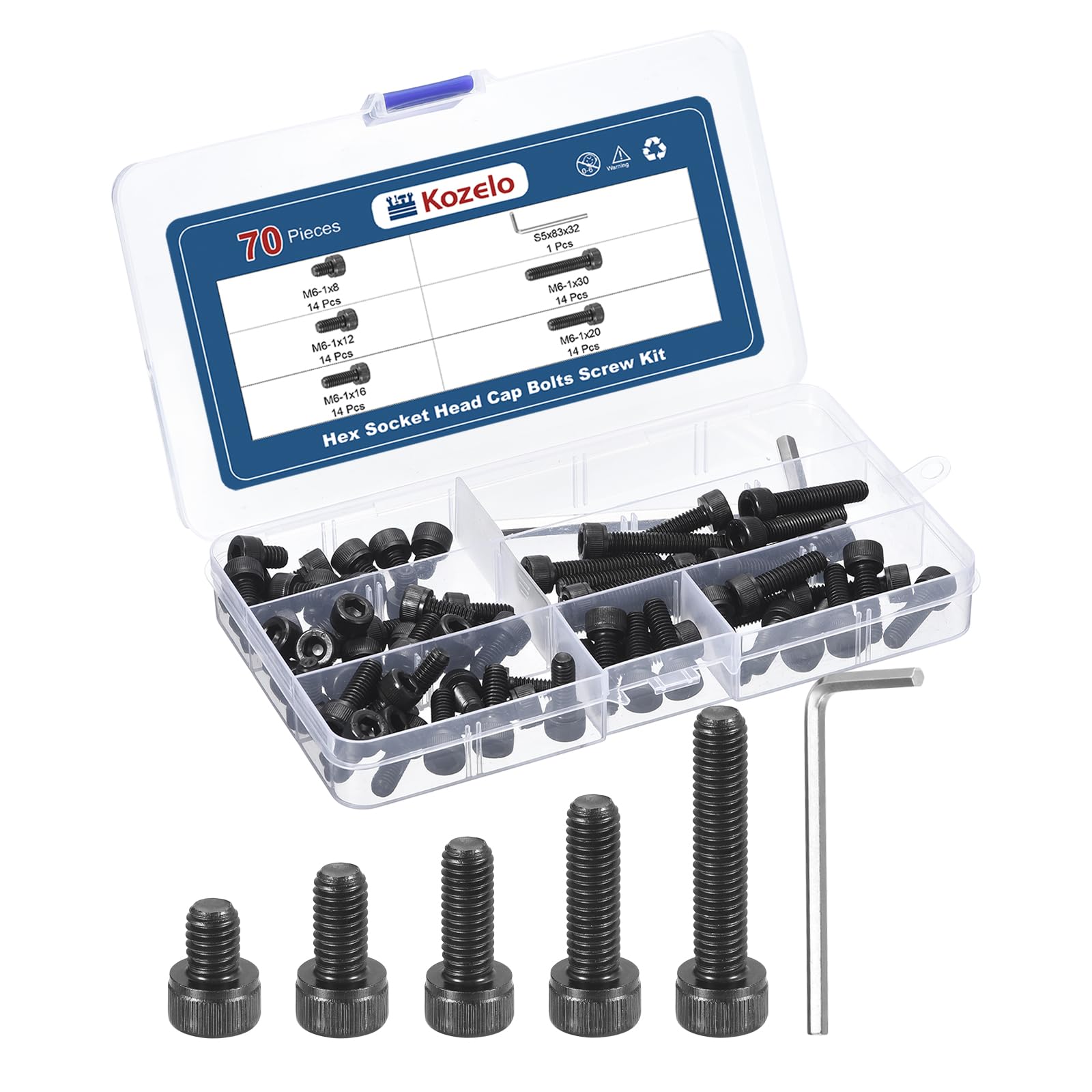 Kozelo 70pcs M6 Socket Head Cap Screws Bolts Nuts Assortment Kit - [M6x8/12/16/20/30mm] Alloy Steel Fully Threaded Black Oxide 12.9 Internal Hex Screw for 3D Printer Use, with Wrench