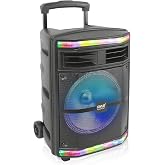 Pyle Portable Bluetooth PA Speaker System - 600W Bluetooth Speaker Portable PA System W/ Rechargeable Battery, Party Lights, MP3/USB SD Card Reader, Rolling Wheels - Pyle PPHP1044B