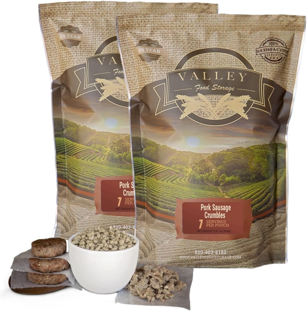Valley Food Storage Freeze Dried Meats (7 Servings of Sausage Crumbles) (Pack of 2) - Long Term Emergency Food Supply by
