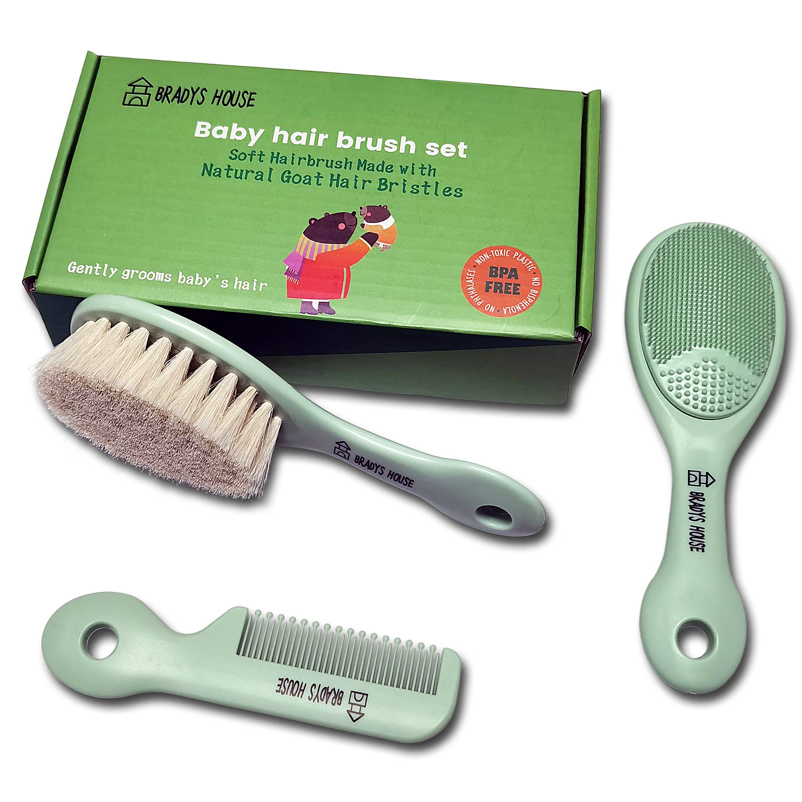 3 Piece Baby Hair Brush & Comb Set for Newborns- Soft Goat Bristle Hair-Brush, Silicone Bath Brush and Plastic Comb for Infant, Toddler, Kids - Baby