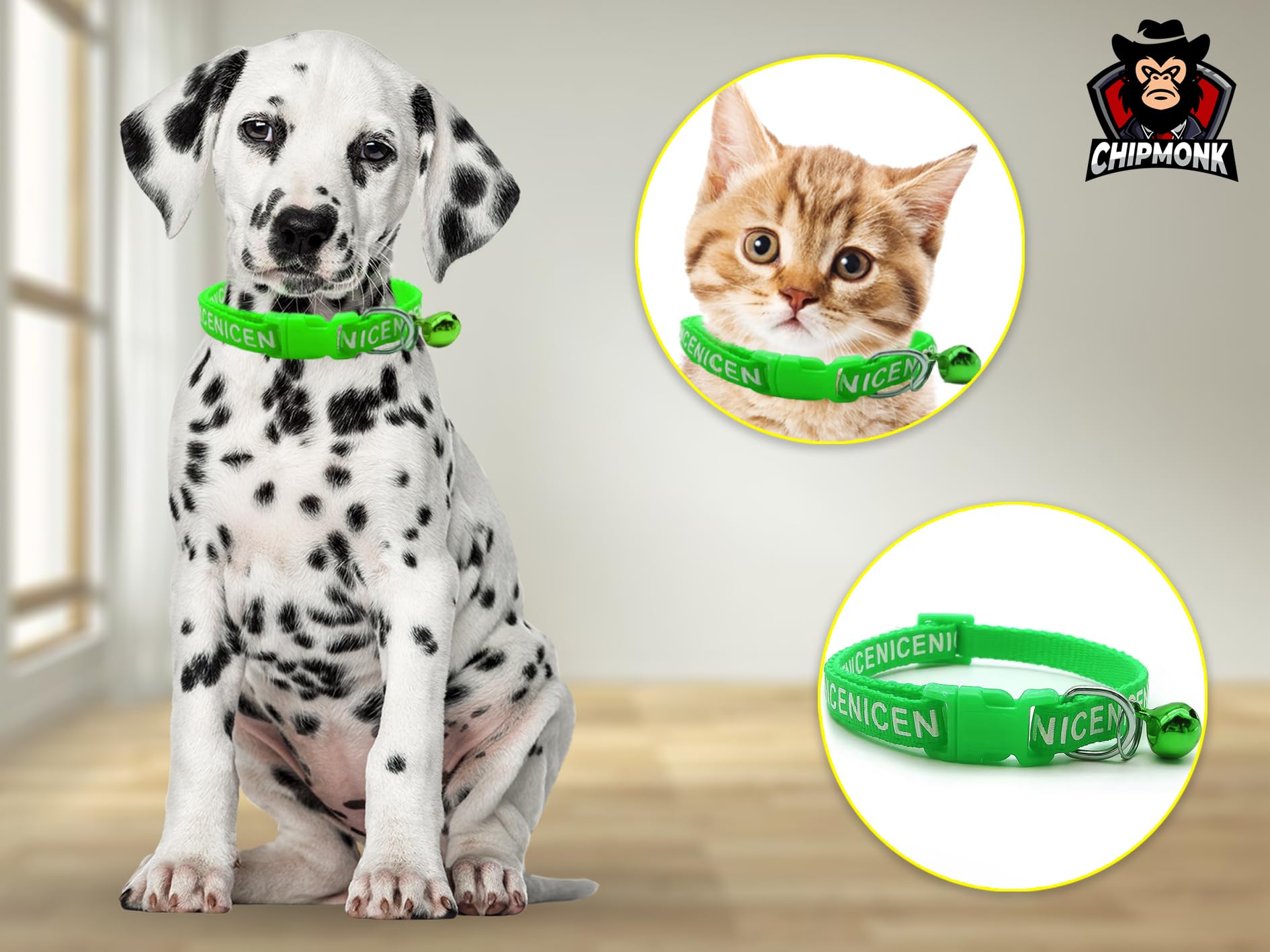 Chipmonk Set of 3 Cat & Puppy Collar with Bell,Kitten & Small Dogs Soft Adjustable,Safe,Solid & Protective Breakaway for Cats & Puppies,Cute Kitty Neckband with Nice Print-(Green,Purple,Black) 4