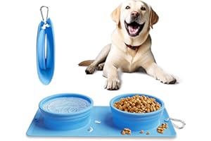 Collapsible Portable 2-in-1 Dog Bowl, Integrated Travel Dog/Cat Food Water Bowl, Silicone Foldable Expandable Bowl with Carabiner - Anti-Spill and Anti-Skid - for Camping/Traveling LPFLASAT (Blue)