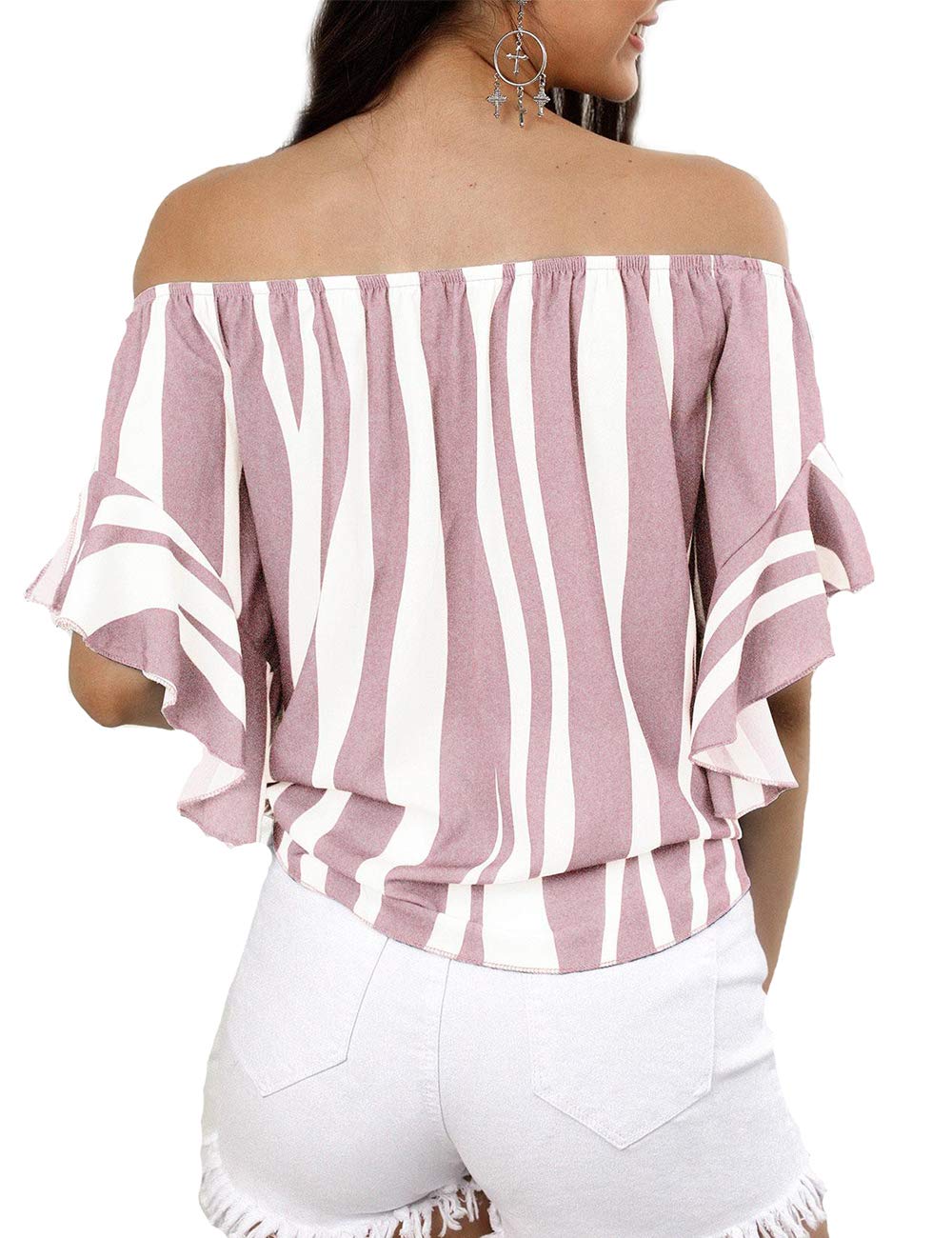 Women\'s Striped Off Shoulder Bell Sleeve Shirt Tie Knot Casual Blouses Tops（Stripe Pink，L