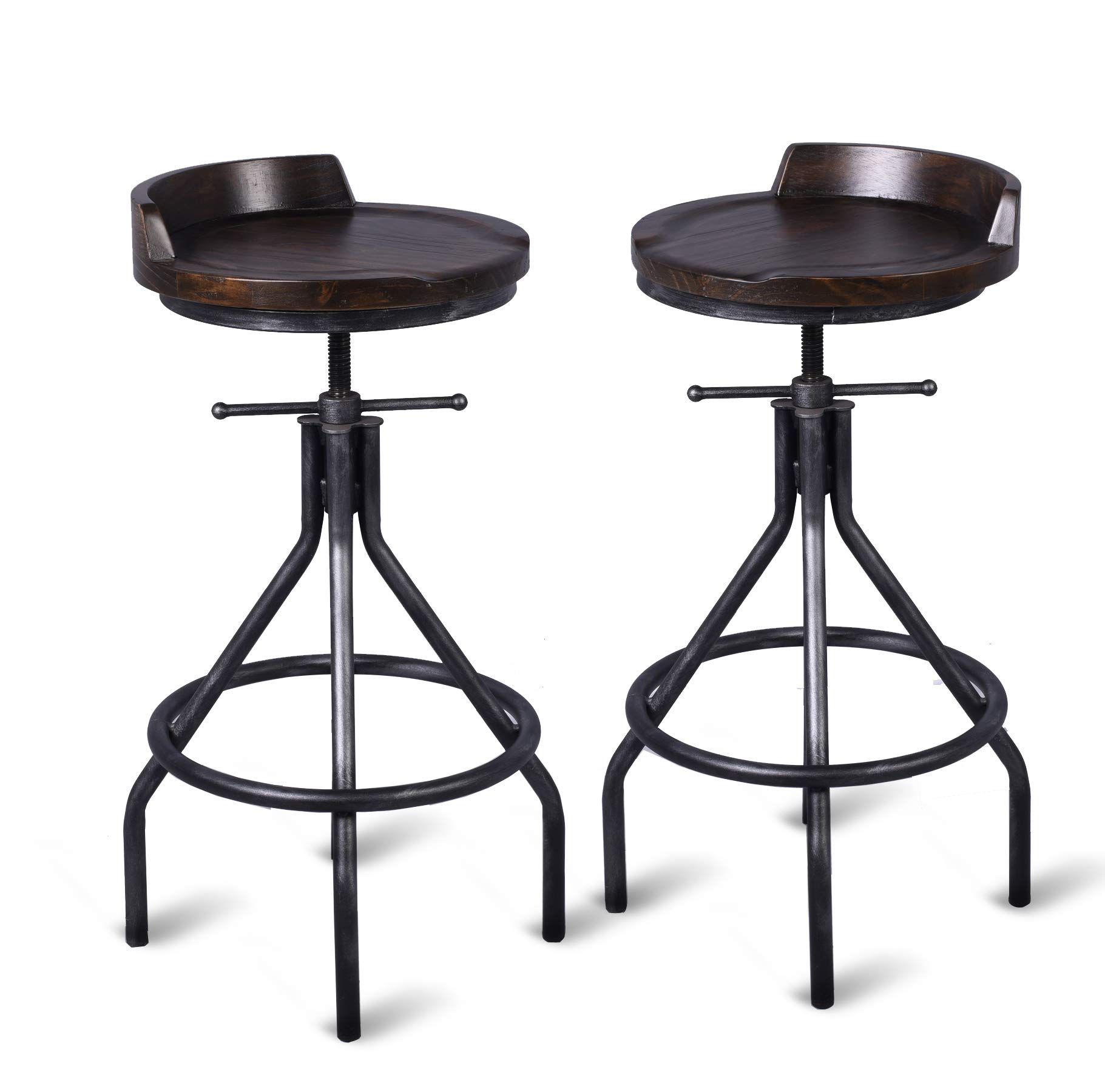 Set of 2 Bar Stools | Industrial Vintage Style | Swivel Wooden Seat | Bar Counter Height Adjustable 24-30inch | with Mini Backrest