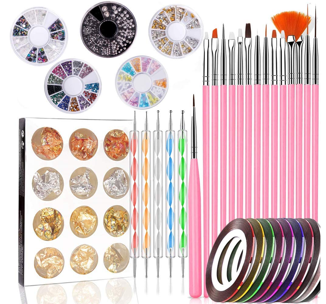Nail Art Set 47 pieces Nail Art Tools 15 Nail Art Painted Pens 5 Dotting Pens 10 Rolls Nail Stripping Tape 5 Nail Rhinestones Crystals 12 Paillette Foil Sticker for Nails Design