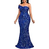 Cololura Women Sexy Sequin One Shoulder Mermaid Formal Party Cocktail Gowns Bodycon Evening Maxi Dress