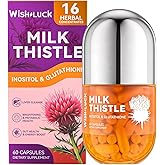 WISH LUCK Milk Thistle Supplement Liver Detox: 300mg 80% Silymarin with Glutathione for Antioxidant & Liver Cleanse Detox and Inositol Support Metabolic Health Non-GMO 60 Capsules