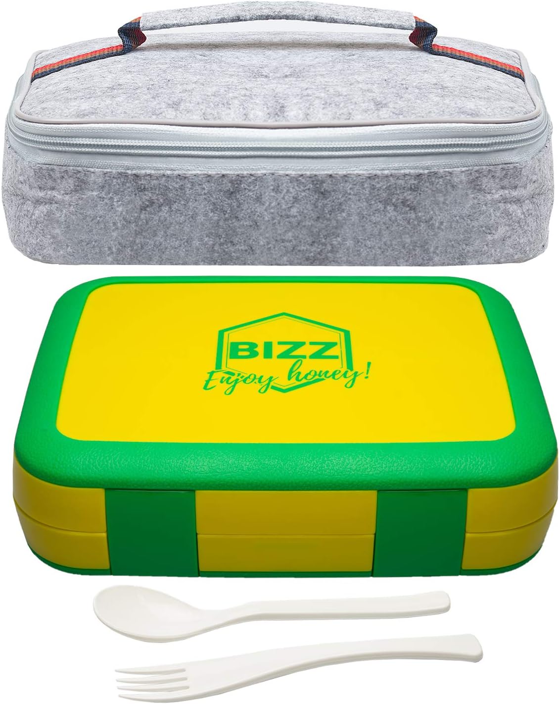 Bizz Large Bento Lunchbox & Bag Set with Utensils, Removable Microwaveable Dishwasher Safe Tray, Kids Adults, Leakproof 3-Compartment Food Storage Container, Felt Insulated Lunch Bag Great for Travel