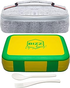 Bizz Large Bento Lunchbox & Bag Set with Utensils, Removable Microwaveable Dishwasher Safe Tray, Kids Adults, Leakproof 3-Compartment Food Storage Container, Felt Insulated Lunch Bag Great for Travel